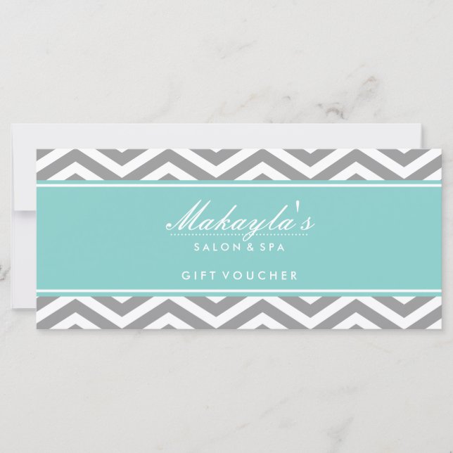 Elegant Teal Blue and Gray Chevron Gift Voucher (Front)
