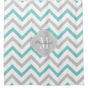 Elegant Teal blue and gray Chevron with Monogram Shower Curtain