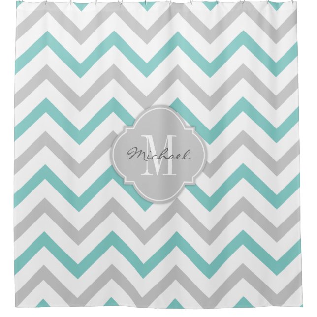 Elegant Teal blue and gray Chevron with Monogram Shower Curtain (Front)