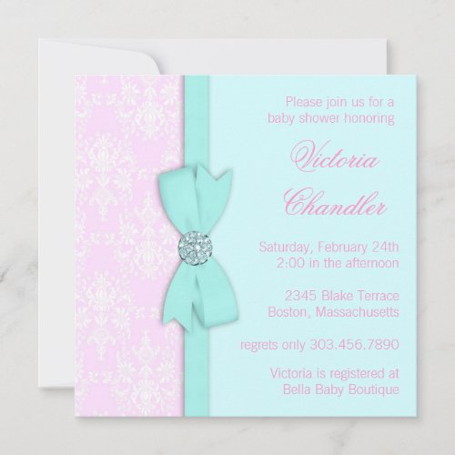 Elegant Teal Blue and Pink Baby Girl Shower Invitation