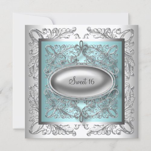 Silver White Teal Blue Sweet 16 Party Personalized Invites