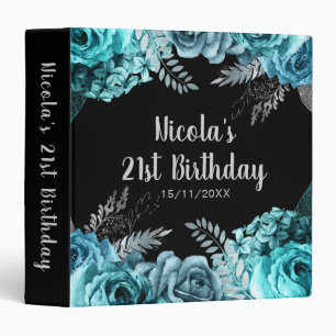 Elegant Teal Blue and Silver Flower Birthday Party 3 Ring Binder