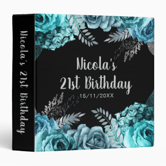 Elegant Teal Blue and Silver Flower Birthday Party 3 Ring Binder