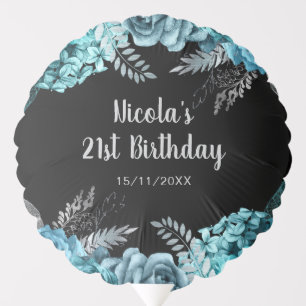 Elegant Teal Blue and Silver Flower Birthday Party Balloon