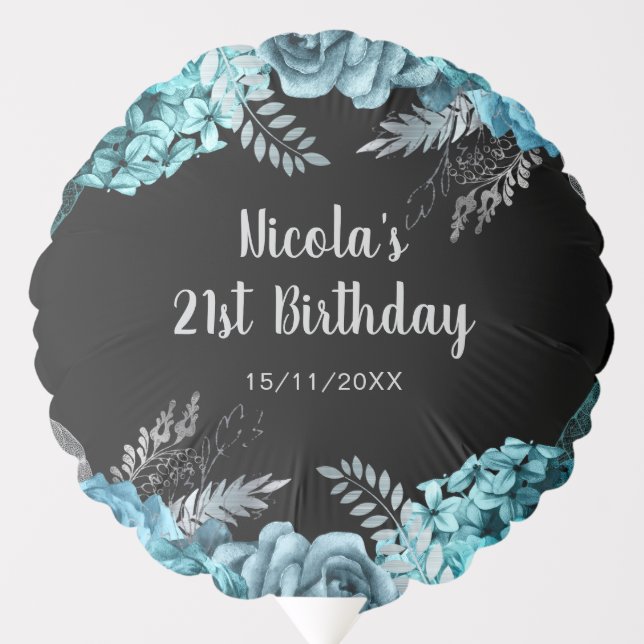 Elegant Teal Blue and Silver Flower Birthday Party Balloon (Front)