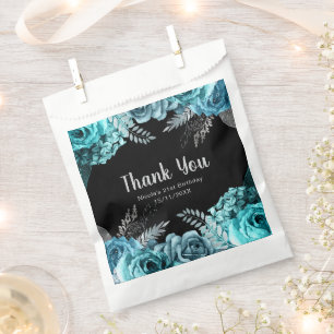 Elegant Teal Blue and Silver Flower Birthday Party Favor Bag