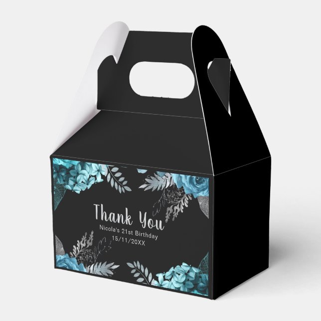 Elegant Teal Blue and Silver Flower Birthday Party Favor Boxes (Front Side)