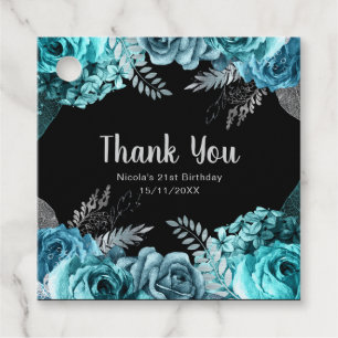 Elegant Teal Blue and Silver Flower Birthday Party Favor Tags