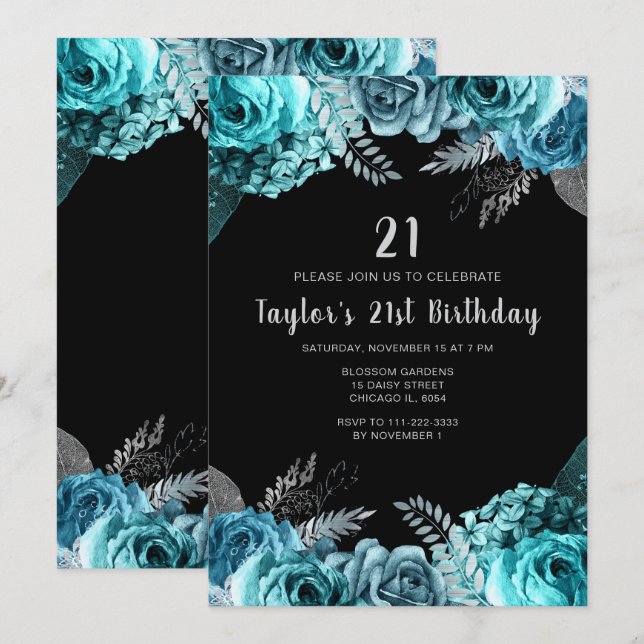 Elegant Teal Blue and Silver Flower Birthday Party Invitation (Front/Back)