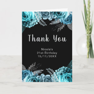 Elegant Teal Blue and Silver Flower Birthday Party Letterpress Thank You Card