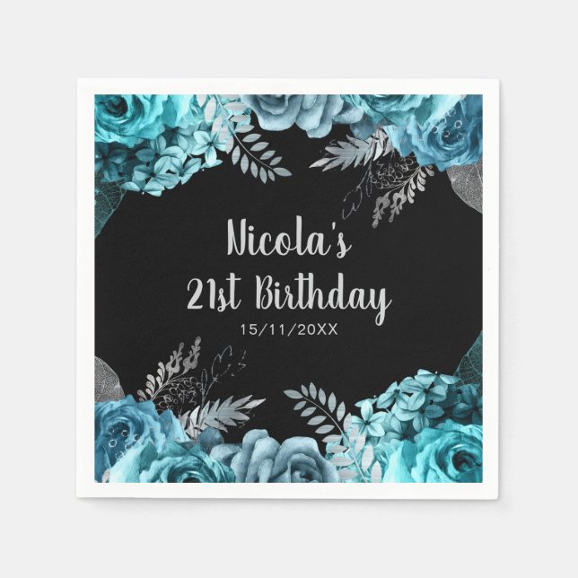 Elegant Teal Blue and Silver Flower Birthday Party Napkins (Front)