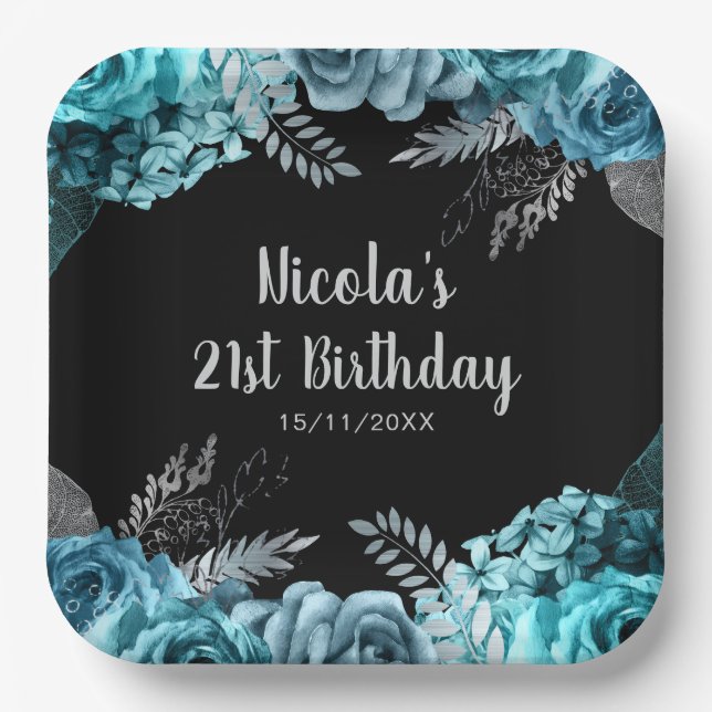 Elegant Teal Blue and Silver Flower Birthday Party Paper Plates (Front)