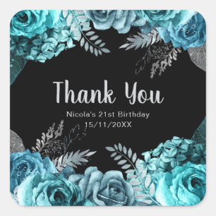 Elegant Teal Blue and Silver Flower Birthday Party Square Sticker