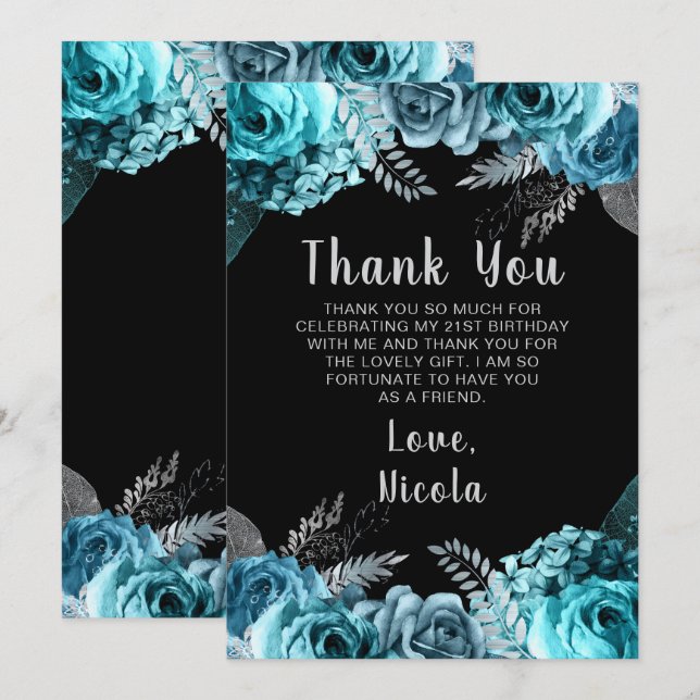 Elegant Teal Blue and Silver Flower Birthday Party Thank You Card (Front/Back)