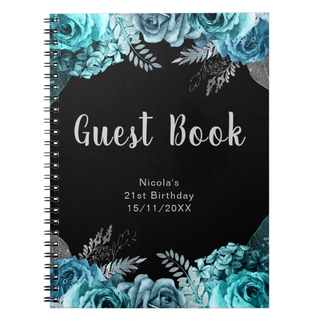 Elegant Teal Blue and Silver Flower Guest Book (Front)