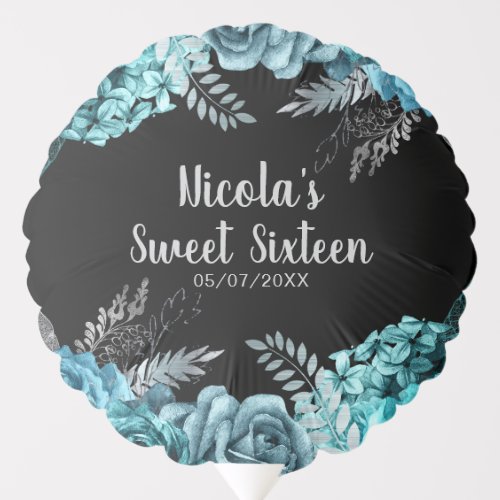 Elegant Teal Blue and Silver Flowers Sweet Sixteen Balloon