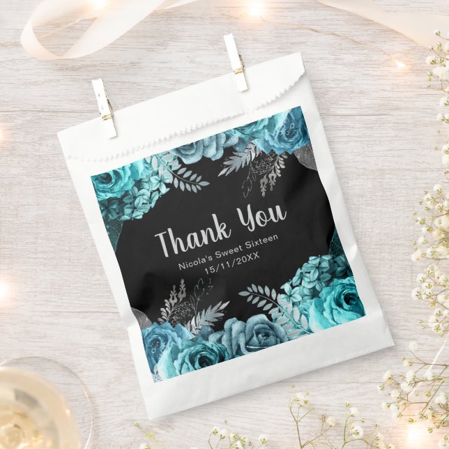 Elegant Teal Blue and Silver Flowers Sweet Sixteen Favor Bag (Clipped)