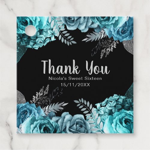 Elegant Teal Blue and Silver Flowers Sweet Sixteen Favor Tags