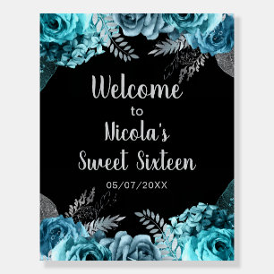 Elegant Teal Blue and Silver Flowers Sweet Sixteen Foam Board