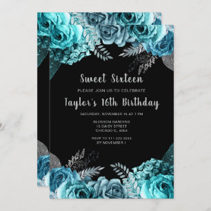 Elegant Teal Blue and Silver Flowers Sweet Sixteen Invitation