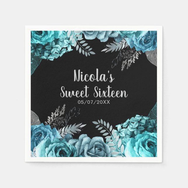 Elegant Teal Blue and Silver Flowers Sweet Sixteen Napkins (Front)