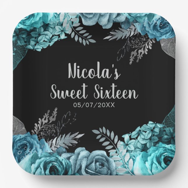 Elegant Teal Blue and Silver Flowers Sweet Sixteen Paper Plates (Front)