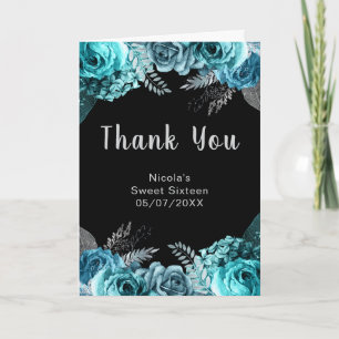 Elegant Teal Blue and Silver Flowers Sweet Sixteen Thank You Card