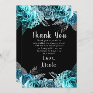 Elegant Teal Blue and Silver Flowers Sweet Sixteen Thank You Card