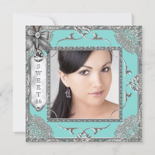Elegant Teal Blue and Silver Photo Sweet 16 Party Personalized Invite