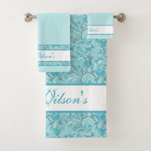 Elegant Teal Blue and White Abstract Paisley Print Bath Towel Set