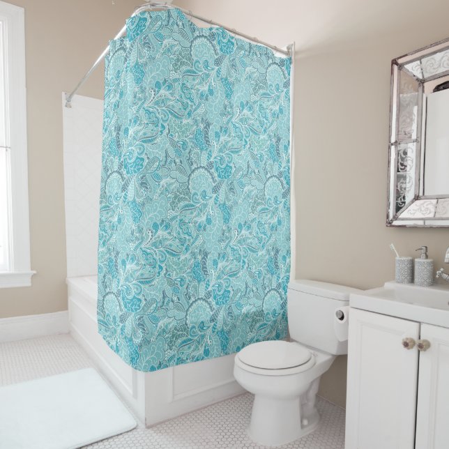 Elegant Teal Blue and White Abstract Patterned Shower Curtain (In Situ)