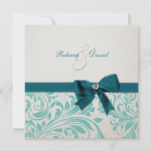 Elegant Teal Blue and White Damask Wedding Custom Invites