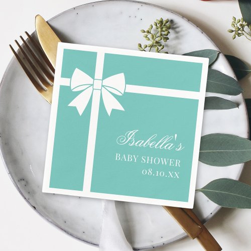 Elegant Teal Blue And White Ribbon Bow Baby Shower Napkins