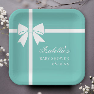 Elegant Teal Blue And White Ribbon Bow Baby Shower Paper Plates