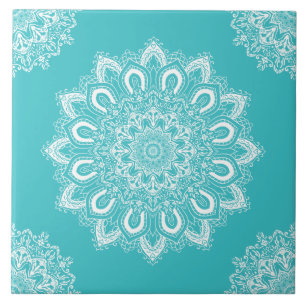 Elegant Teal Blue Aqua Boho Chic Mandala Ceramic Tile