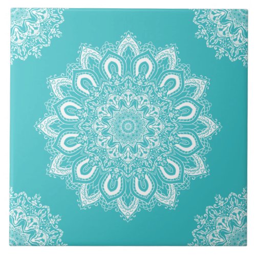 Elegant Teal Blue Aqua Boho Chic Mandala Ceramic Tile