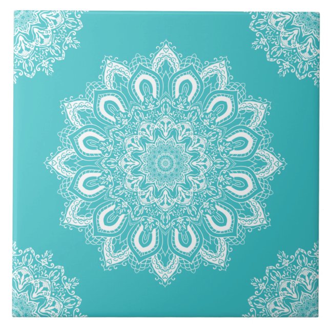 Elegant Teal Blue Aqua Boho Chic Mandala Ceramic Tile (Front)