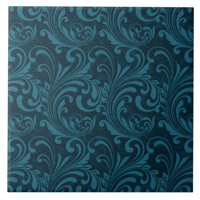 Elegant Teal Blue Baroque Floral Pattern  Ceramic Tile (Front)