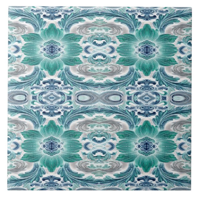 Elegant Teal & Blue Baroque Floral Pattern Ceramic Tile (Front)