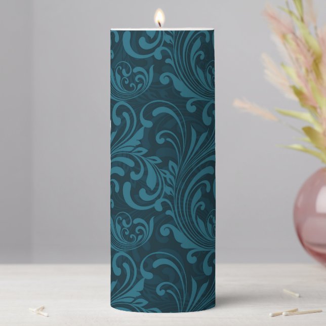 Elegant Teal Blue Baroque Floral Pattern  Pillar Candle (In Situ)