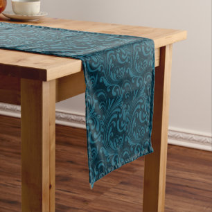 Elegant Teal Blue Baroque Floral Pattern Short Table Runner