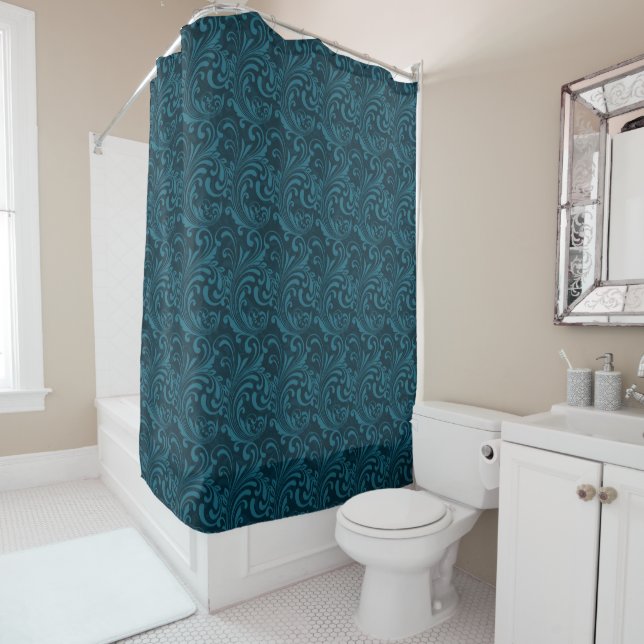 Elegant Teal Blue Baroque Floral Pattern  Shower Curtain (In Situ)