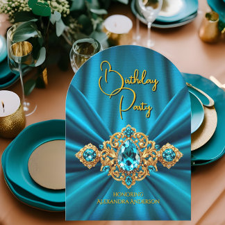 Elegant Teal Blue Birthday Gold Jewel Faux Silk Invitation
