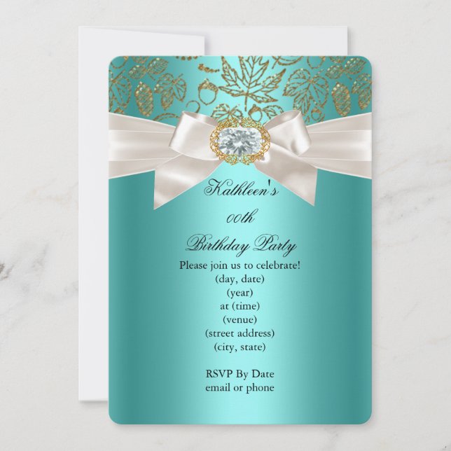 Elegant Teal Blue Birthday Party Damask Cream Invitation (Front)