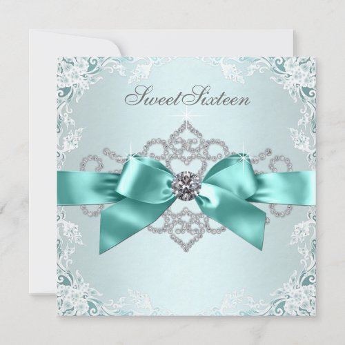 White Diamonds Teal Blue Sweet 16 Birthday Party Personalized Invitation