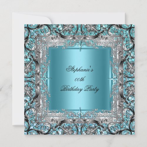 Elegant Teal Blue Birthday Party Silver Black Invitation