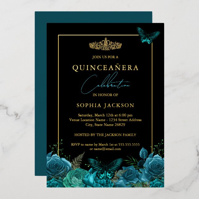 Elegant Teal Blue Black Butterfly Quinceanera Foil Invitation (Front/Back)