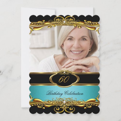 Elegant Teal Blue Black Gold 60th Birthday Party Invitation