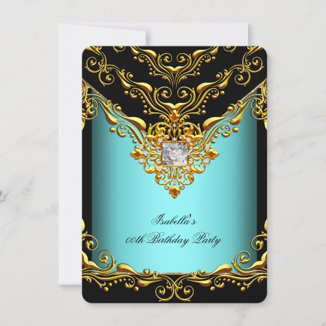 Elegant Teal Blue Black Gold Birthday Party Invitation (Front)