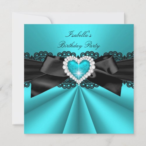 Elegant Teal Blue Black Heart Birthday Party 2 Invitation